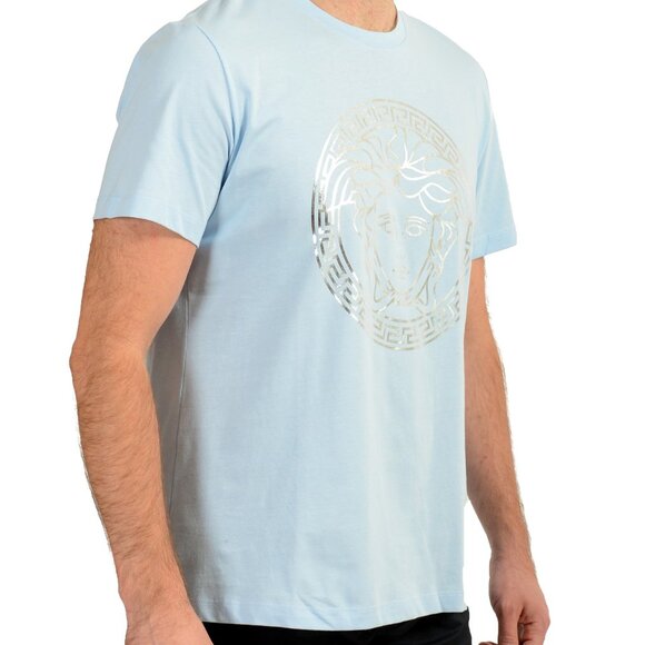Versace Men's Blue & Silver Medusa Logo Print Short Sleeve T-Shirt US XS IT 46 - Picture 2 of 6